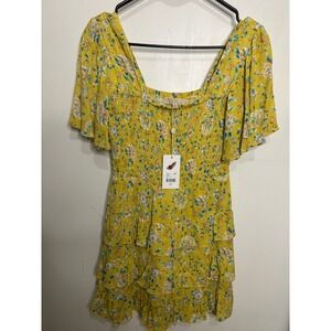Chelsea & Violet Floral Print Smocked Ruffle‎ Mini Dress Yellow Size S